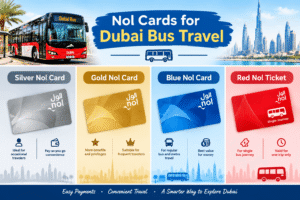 Infographic displaying Silver, Gold, Blue, and Red Nol cards and tickets for Dubai bus travel, Khaleej Fusion