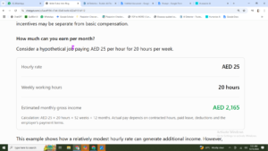 Screenshot of a guide showing a monthly gross income calculation for a part-time job in Dubai paying AED 25 per hour for 20 hours per week, Khaleej Fusion