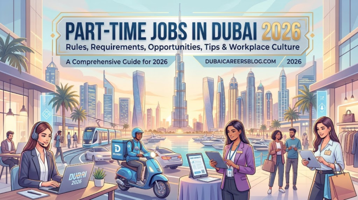 Infographic covering part-time jobs in Dubai for 2026, detailing rules, requirements, opportunities, tips, and workplace culture, Khaleej Fusion