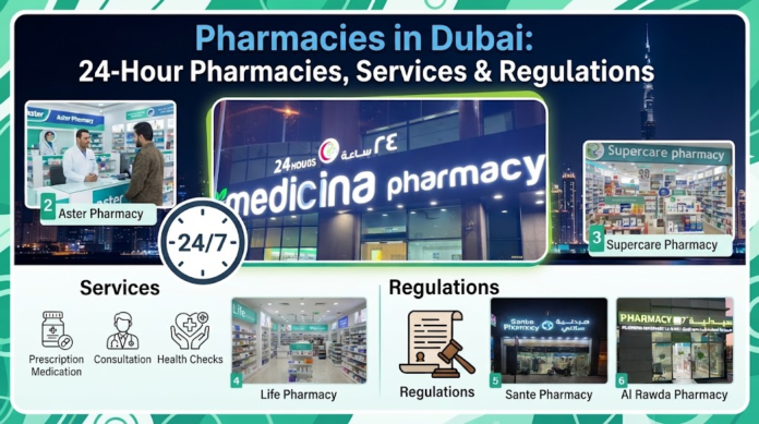 Infographic featuring 24-hour pharmacies in Dubai, covering services like prescriptions and health checks, and major chains like Medicina, Aster, and Life Pharmacy, Khaleej fusion