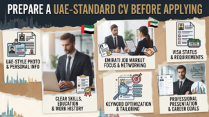 Infographic detailing how to prepare a UAE-standard CV, covering personal info, clear skills, networking, keyword optimization, visa status, and professional presentation, Khaleej Fusion