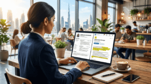Professional woman in a blazer working on a laptop in a café with a Dubai skyline view, applying for jobs online, Khaleej Fusion