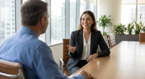 Professional woman in a business suit smiling and gesturing while talking with an interviewer across a conference table, Khaleej fusion