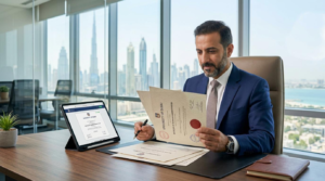 Professional in a modern Dubai office reviewing university degree certificates and digital documents on a tablet, Khaleej Fusion