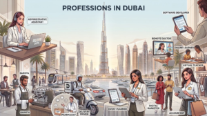 Infographic showcasing various professions in Dubai, including administrative assistants, baristas, delivery drivers, event planners, digital marketers, and accountants against a city skyline, Khaleej Fusion