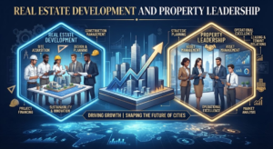 Infographic detailing real estate development and property leadership, covering site acquisition, construction management, asset management, and operational excellence, Khaleej Fusion