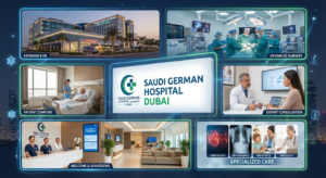 Infographic highlighting Saudi German Hospital Dubai facilities including ER, surgery, patient comfort, and specialized care, Khaleej fusion