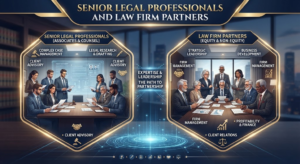 Infographic breaking down senior legal professionals and law firm partners, covering complex case management, client advisory, strategic leadership, and firm management, Khaleej Fusion