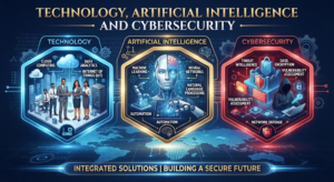 Infographic breaking down technology, artificial intelligence, and cybersecurity, covering cloud computing, machine learning, threat intelligence, and data encryption, Khaleej Fusion
