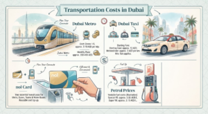 Infographic detailing transportation costs in Dubai, including Dubai Metro fares, Dubai Taxi rates, Nol cards, and petrol prices, Khaleej Fusion