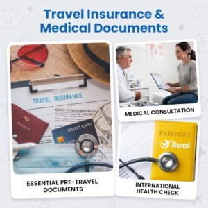 Infographic illustrating travel insurance and required medical documents for visitors traveling to Dubai and the UAE, Khaleej fusion