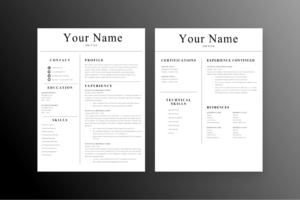 Two-page professional resume template featuring structured sections for contact details, education, skills, experience, certifications, and references, Khaleej Fusion