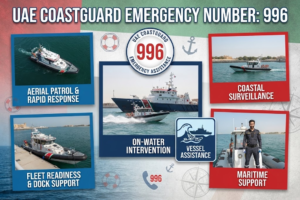Infographic detailing the UAE Coastguard emergency number 996, highlighting maritime support, coastal surveillance, and rapid response operations, Khaleej fusion