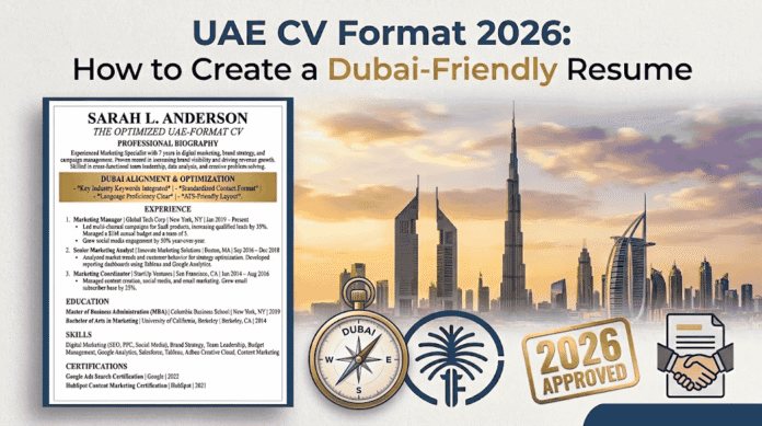 Infographic detailing the UAE CV format for 2026, showcasing a Dubai-friendly resume template with optimized sections, professional biography, and ATS-friendly layout, Khaleej fusion