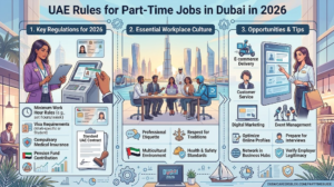 Infographic covering UAE rules for part-time jobs in Dubai in 2026, detailing key regulations, workplace culture, opportunities, and tips, Khaleej Fusion