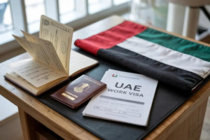 UAE flag, open passport, closed passport, and official UAE work visa document displayed on a wooden desk, Khaleej Fusion