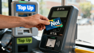 Hand tapping a Nol card on an RTA card reader machine inside a Dubai public bus, Khaleej Fusion