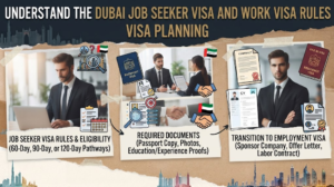 Infographic detailing Dubai job seeker visa rules, eligibility pathways (60, 90, or 120 days), required documents, and the transition process to an employment visa, Khaleej Fusion