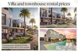 Infographic showcasing villa and townhouse rental prices in Dubai across contemporary, Mediterranean, and luxury property styles, Khaleej Fusion