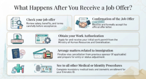 Infographic detailing the post-job-offer process in the UAE, covering contract review, work authorization, immigration, and medical or identity procedures, Khaleej Fusion