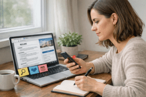Woman reviewing a digital resume on her laptop while holding a smartphone and taking notes in a notebook at her desk, Khaleej Fusion